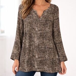 J. Jill Brown and Black Print V Neck Tunic Top Size L